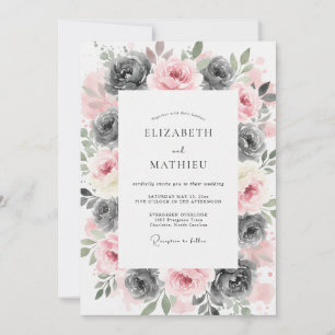 Convite Casamento Artístico Floral em Cinza e Rosa