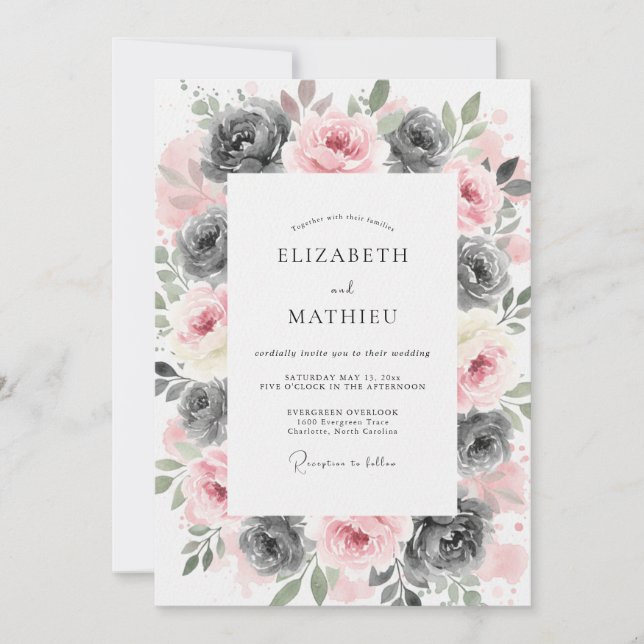 Convite Casamento Artístico Floral em Cinza e Rosa (Frente)