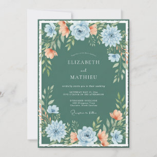 Convite Casamento Artístico Floral em Verde Água