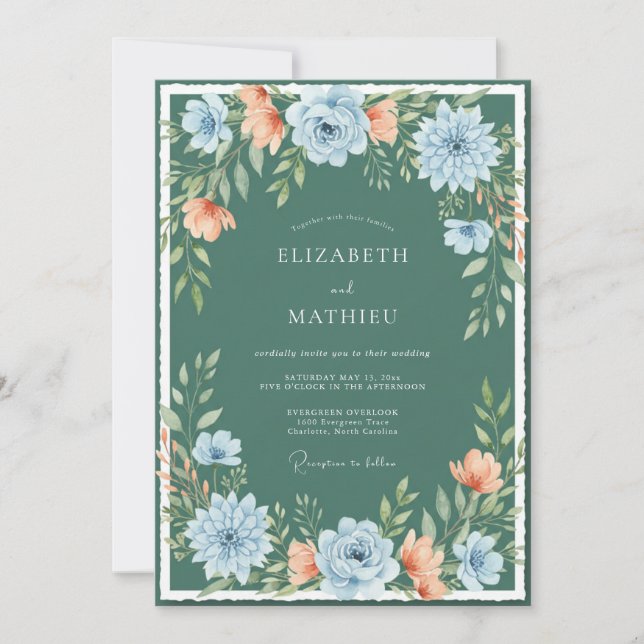 Convite Casamento Artístico Floral em Verde Água (Frente)