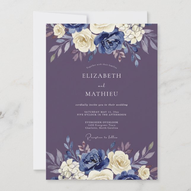 Convite Casamento Artístico Floral Índigo (Frente)