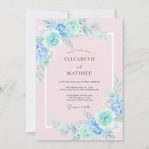 Convite Casamento Artístico Floral Menta Azul