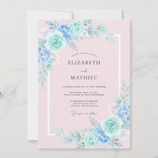Convite Casamento Artístico Floral Menta Azul (Frente)