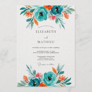Convite Casamento Artístico Floral Turquesa