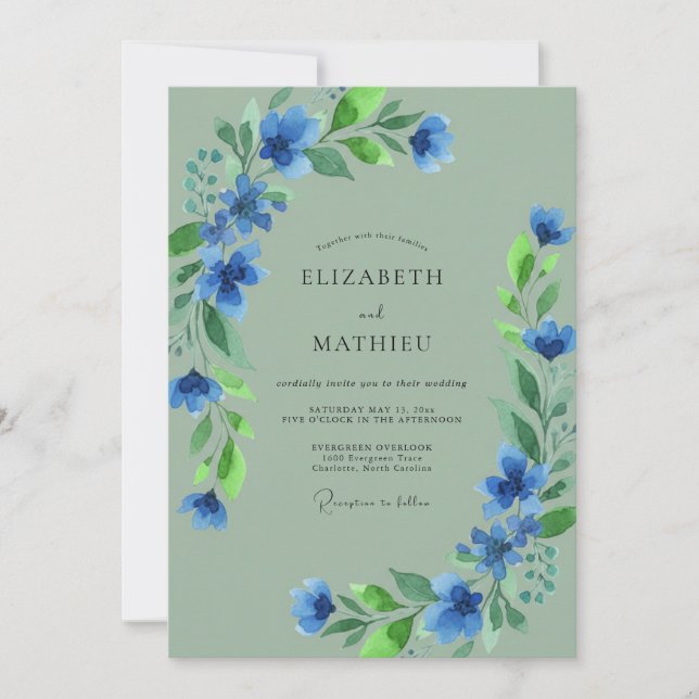 Convite Casamento Artístico Florido Azul (Frente)