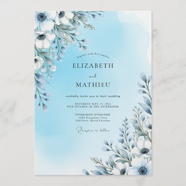 Convite Casamento Artístico Florido Azul Céu (Frente)