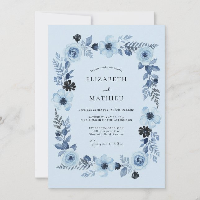 Convite Casamento Artístico Florido Azul Céu (Frente)