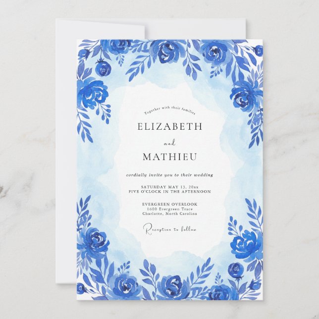Convite Casamento Artístico Florido Azul Cobalto (Frente)