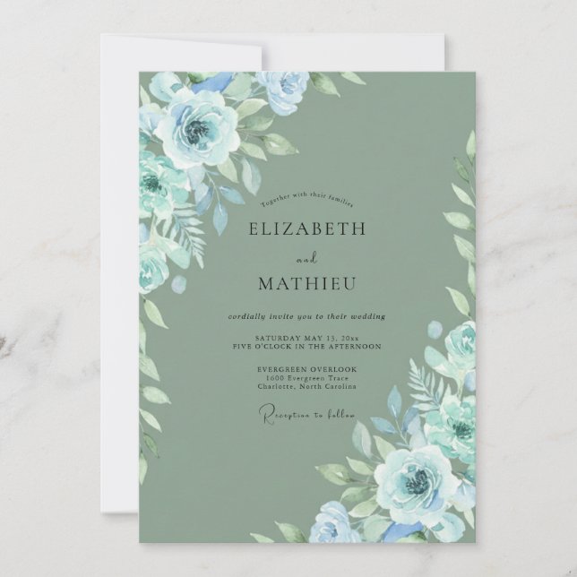 Convite Casamento Artístico Florido Azul Empoeirado (Frente)