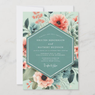 Convite Casamento Artístico Florido Coral Mint