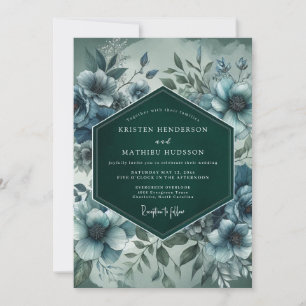 Convite Casamento Artístico Florido em Azul Ardósia
