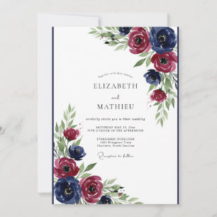 Convite Casamento Artístico Florido em Azul Marinho e Borg