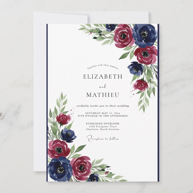 Convite Casamento Artístico Florido em Azul Marinho e Borg (Frente)
