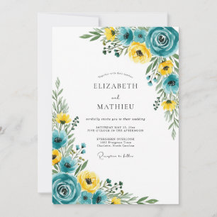 Convite Casamento Artístico Florido em Azul Turquesa e Ama