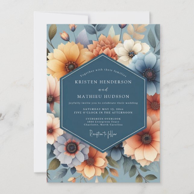Convite Casamento Artístico Florido Marigold & Blue (Frente)
