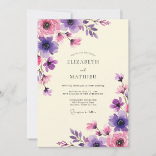 Convite Casamento Artístico Florido Rosa Roxo