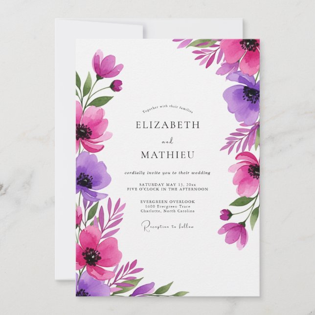 Convite Casamento Artístico Florido Roxo Magenta (Frente)