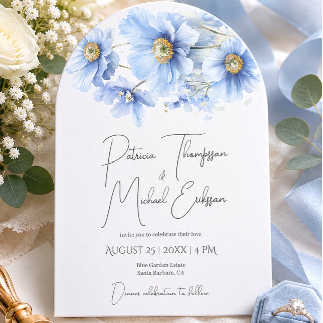 Convite Casamento Artístico Manuscrito com Papoula Azul do (Criador carregado)