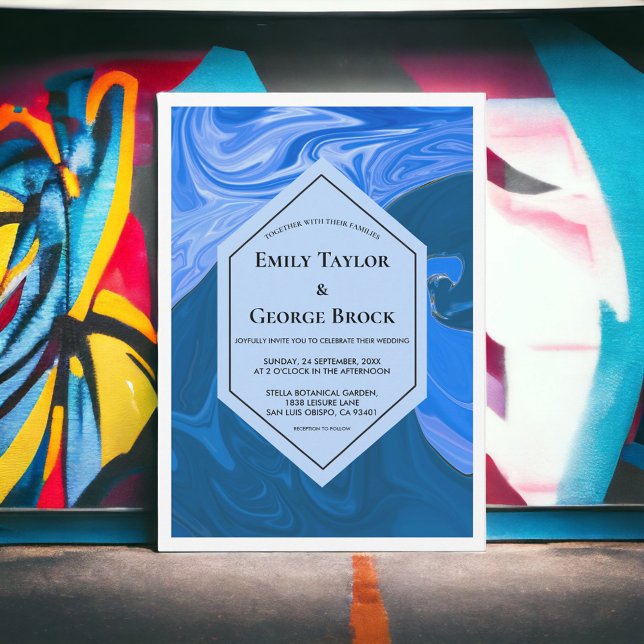 Convite Casamento Artístico Marinho de Ondas Azuis Moderna (Criador carregado)