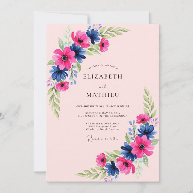 Convite Casamento Artístico Naval Rosa Primavera (Frente)