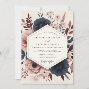 Convite Casamento Artístico Navy Rosewood