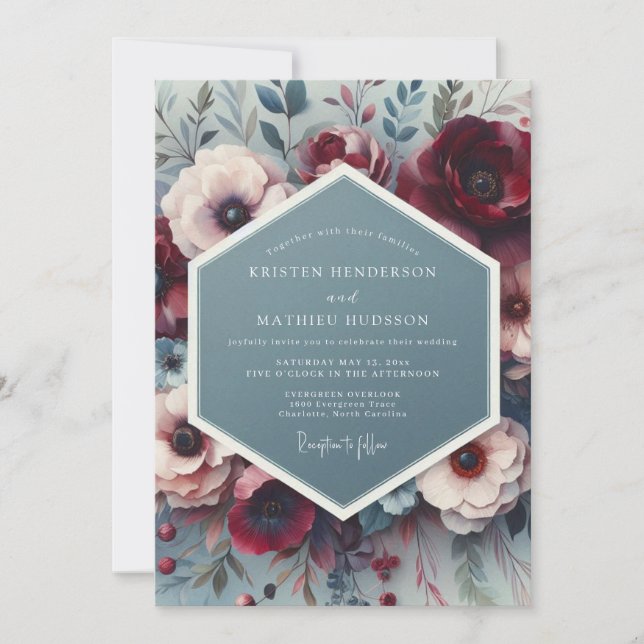 Convite Casamento Artístico Slate & Crimson Bloom (Frente)
