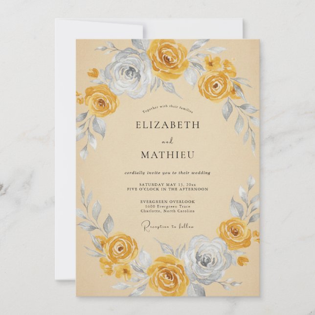 Convite Casamento Artístico Vintage Cinza Solidago (Frente)