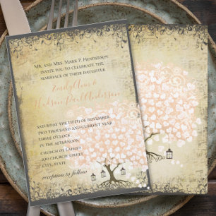 Convite Casamento Árvore Folha Coração Coral Medieval Rena