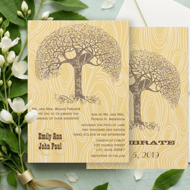 Convite Casamento Árvore Marrom Amor Pássaro Amarelo Grão  (Criador carregado)