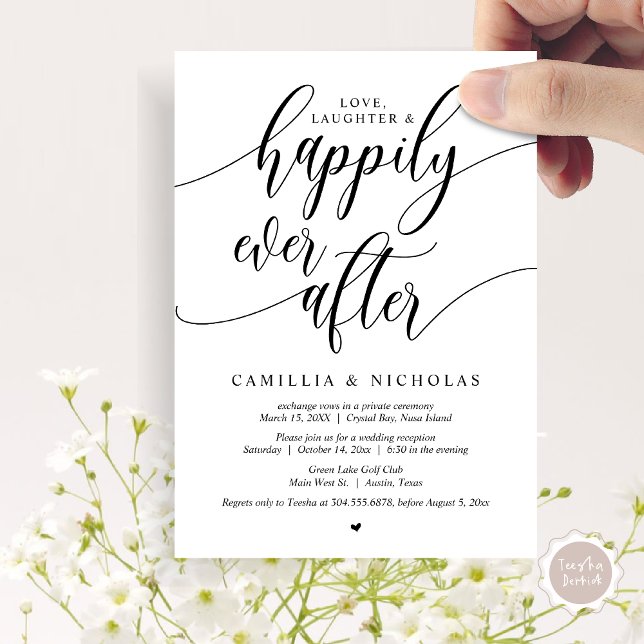 Convite Casamento às Escapadas, Festa Felizes para Sempre (Wedding Elopement, Happily Ever After Party Invitation Card, PDF, Black White)