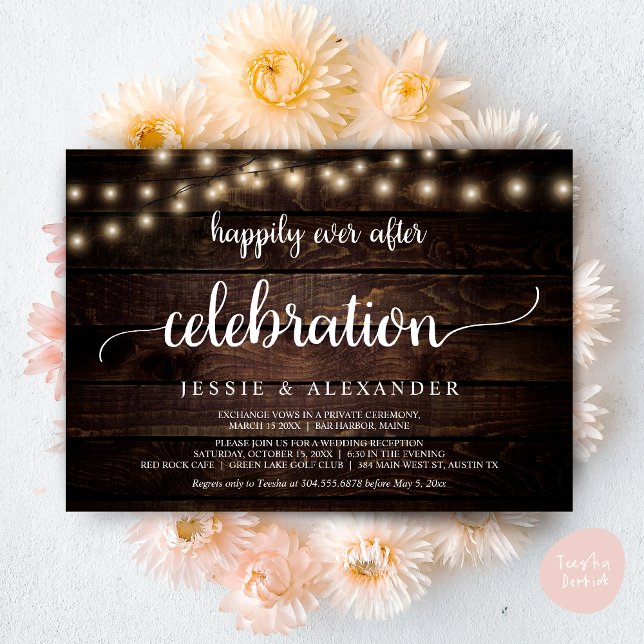 Convite Casamento às Escuras, Celebração Feliz para Sempre (Wedding Elopement, Happily Ever After Celebration Invitation Card, PDF, String Lights, Dark Wood)