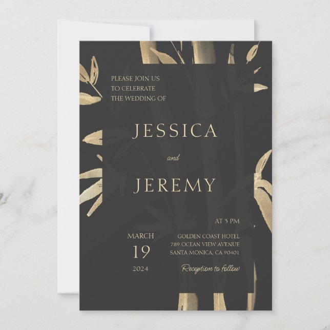 Convite Casamento Asiático Black Minimal Bamboo (Frente)