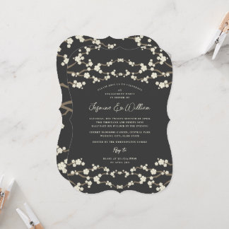 Convite Casamento asiático da Cinza Cream Sakura Cherry Bl