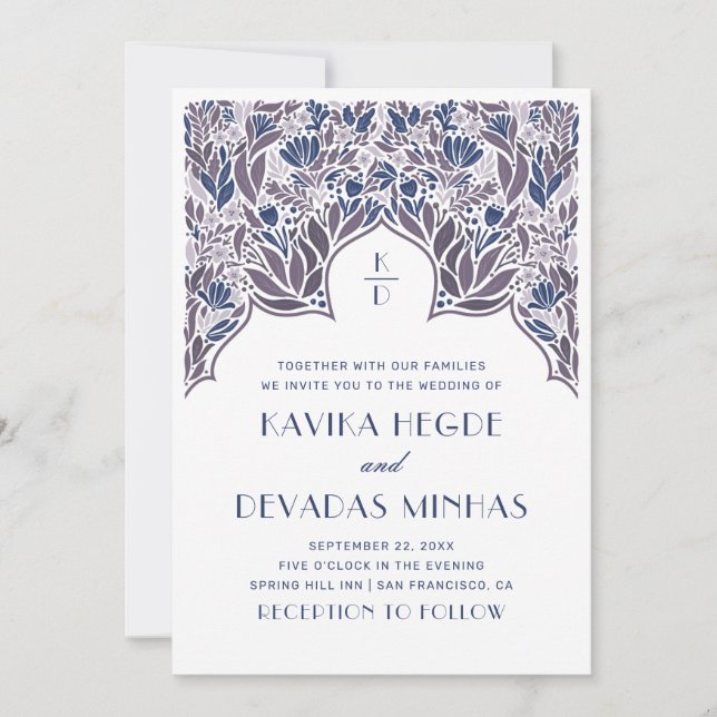 Convite Casamento asiático de Bollywood, índio floral azul (Frente)