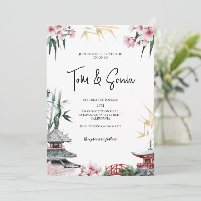 Convite Casamento Asiático de Cerejeira Sakura Japonês (Em pé/Frente)