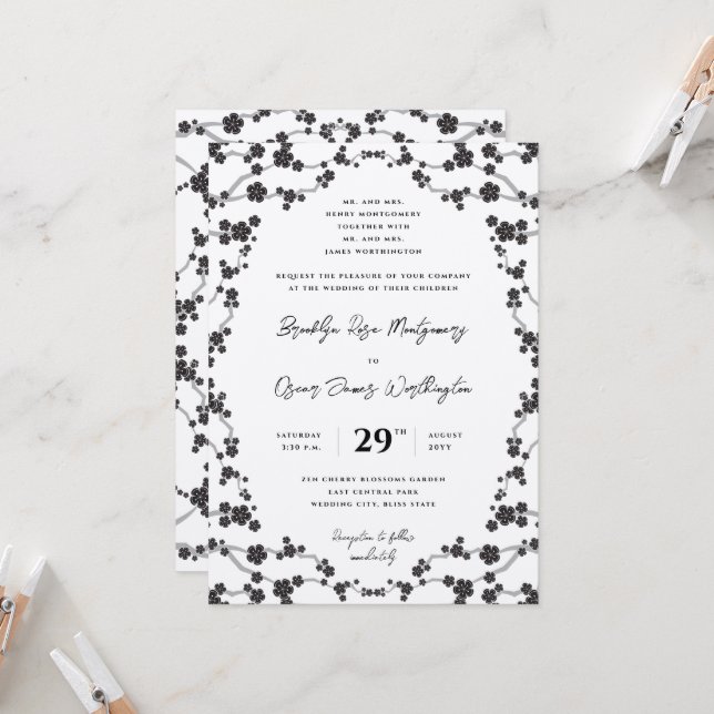 Convite Casamento Asiático Na moda da Cherry Black Sakura (Frente/Verso In Situ)