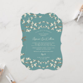 Convite Casamento Asiático Teal de Cream Sakura Cherry Blo