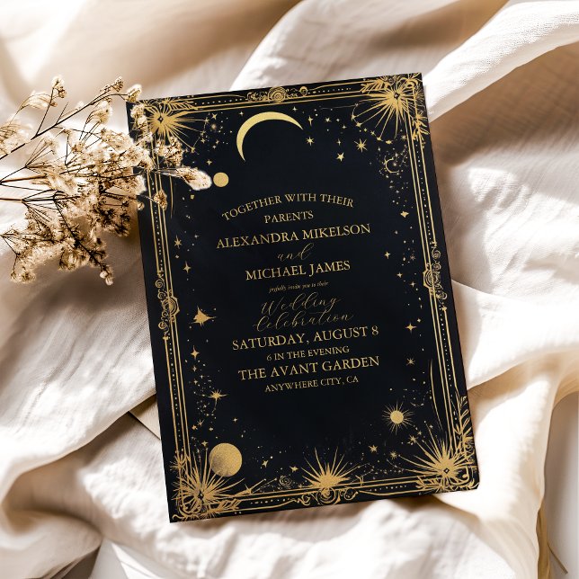 Convite Casamento Astronomia Sol Lua Dourado Celestial (Criador carregado)