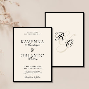 Convite Casamento Atemporal com Monograma de Marfim Preto