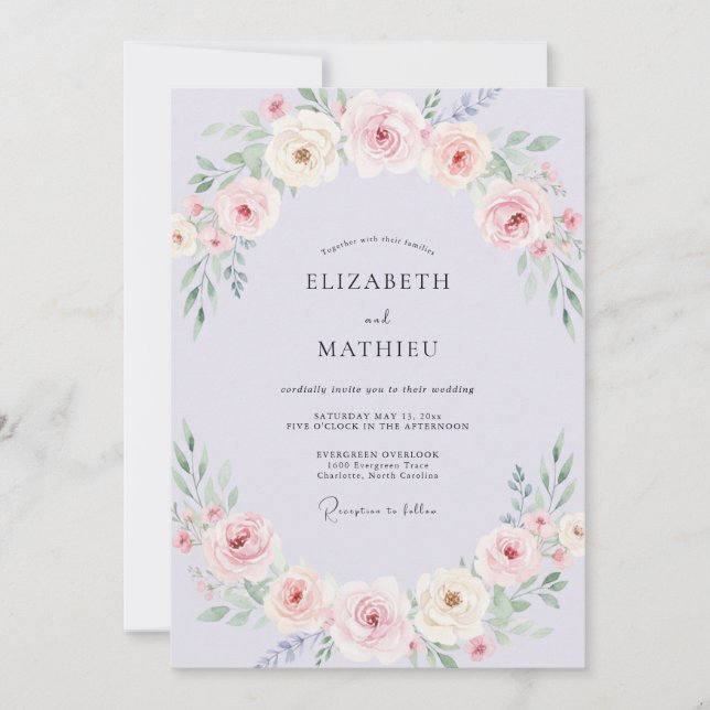 Convite Casamento Atemporal de Lilás na Primavera (Frente)