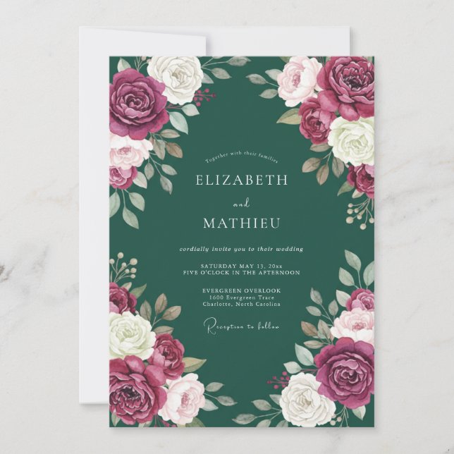 Convite Casamento Atemporal em Verde-azulado e Magenta (Frente)