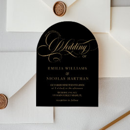 Convite Casamento Atemporal Preto e Dourado Tudo em Um