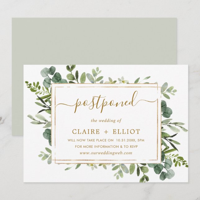 Convite Casamento Atrasado Botânico Dourado e Verde (Frente/Verso)