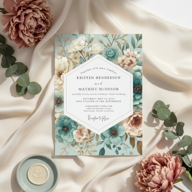 Convite Casamento Aura Floral Turquesa (Criador carregado)