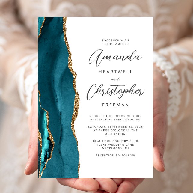 Convite Casamento Azul Ágata Dourado Script (Criador carregado)