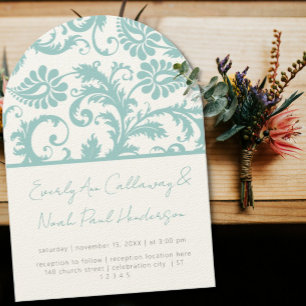 Convite Casamento Azul Água Verde Menta Damasco Vitoriano
