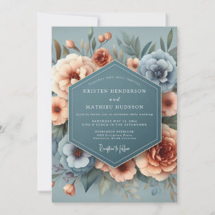 Convite Casamento Azul Ardósia e Flor de Damasco