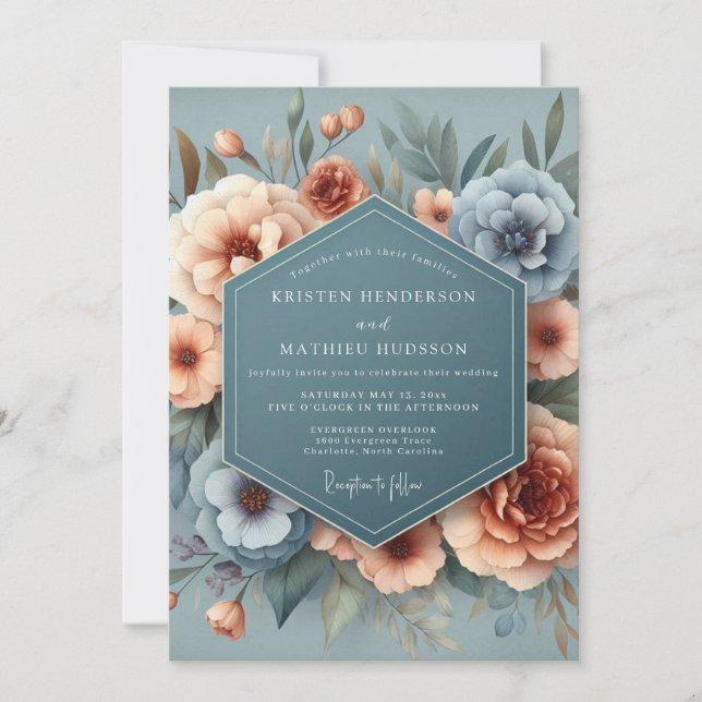 Convite Casamento Azul Ardósia e Flor de Damasco (Frente)