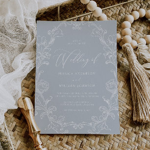 Convite Casamento Azul Arte Linear Rococó Vitoriano Vintag