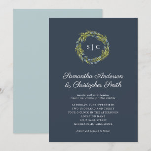 Convite Casamento Azul Azul Verde Monograma